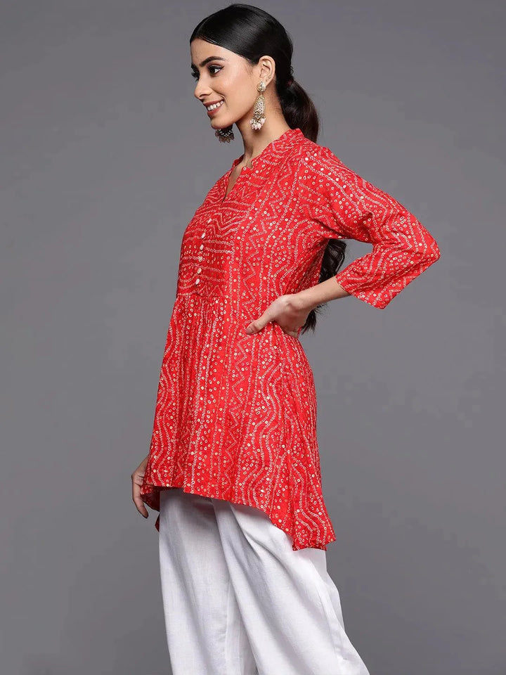Red Printed Rayon A-Line Kurti - Libas