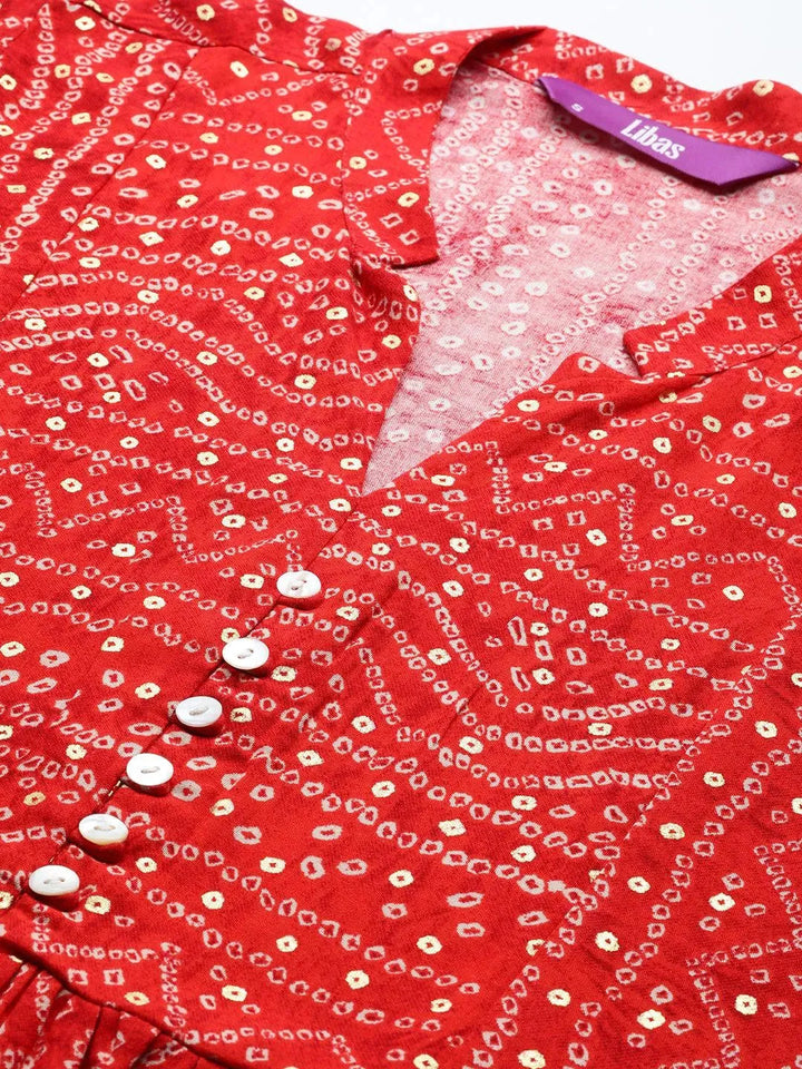 Red Printed Rayon A-Line Kurti - Libas