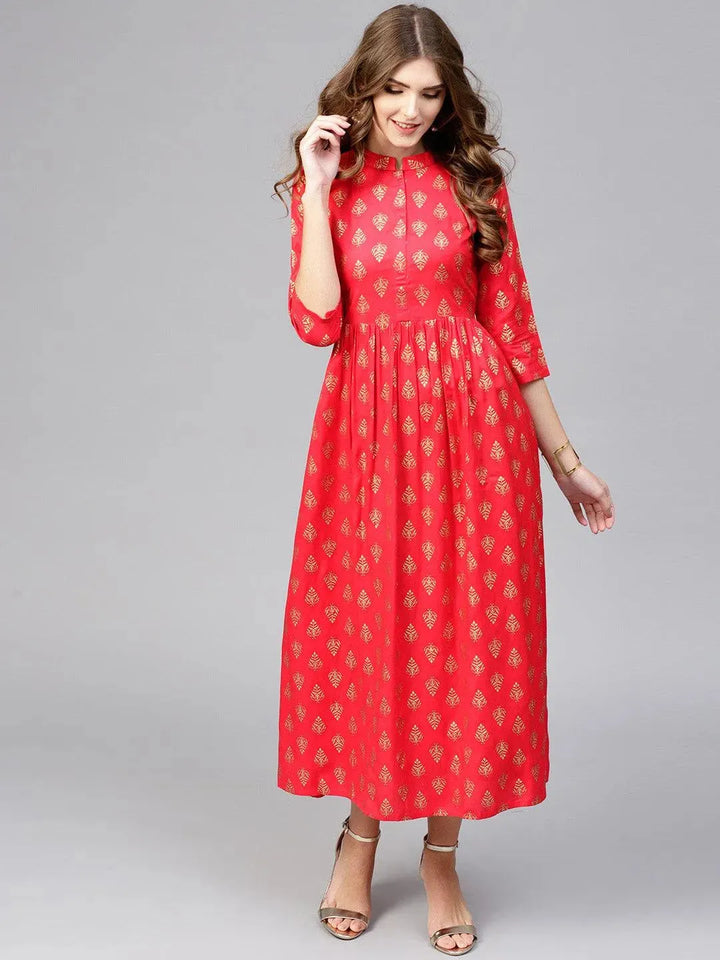 Red Printed Rayon Dress - Libas