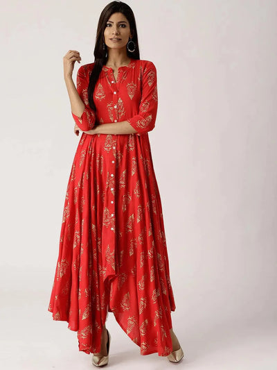 Red Printed Rayon Dress - Libas