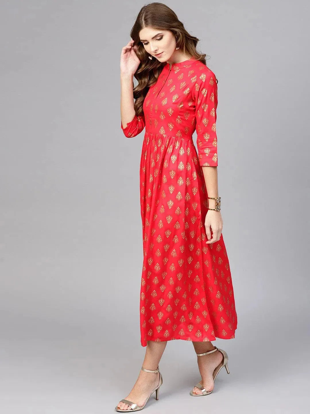 Red Printed Rayon Dress - Libas