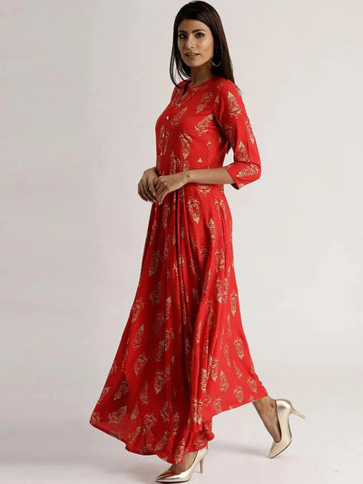 Red Printed Rayon Dress - Libas