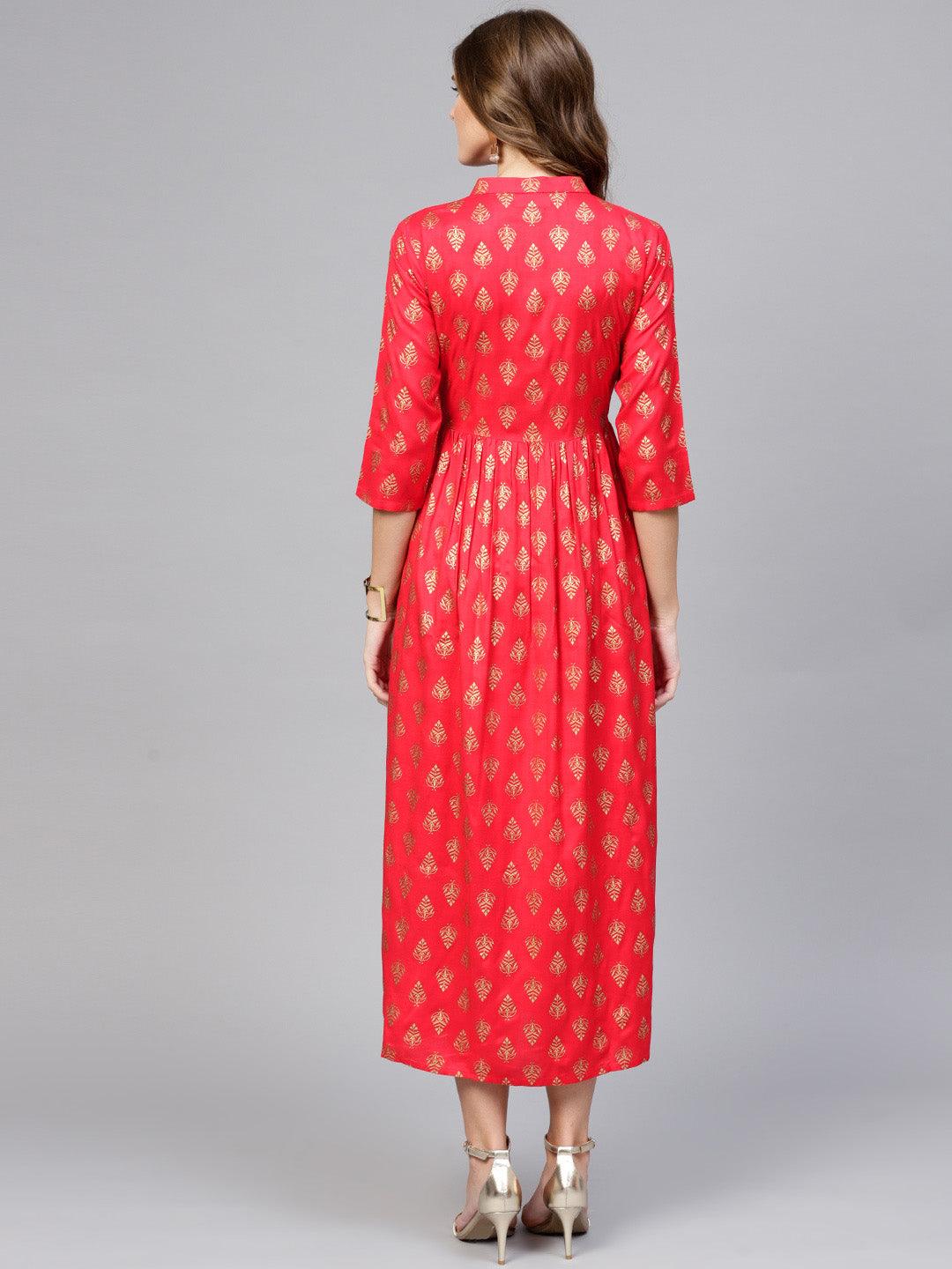 Red Printed Rayon Dress - Libas