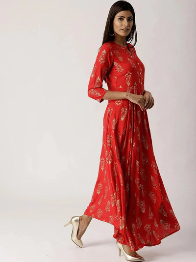 Red Printed Rayon Dress - Libas