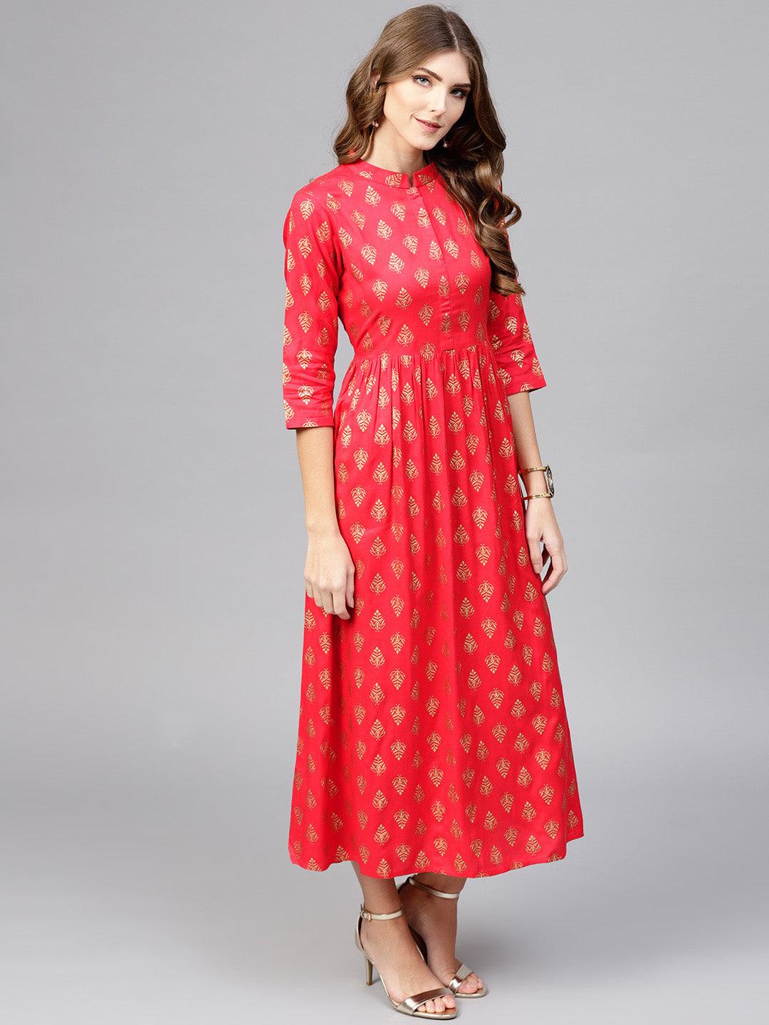 Red Printed Rayon Dress - Libas