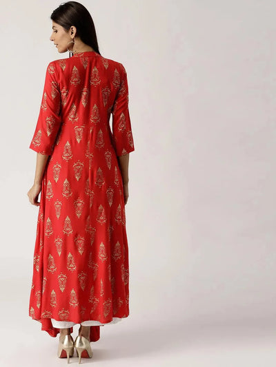 Red Printed Rayon Dress - Libas