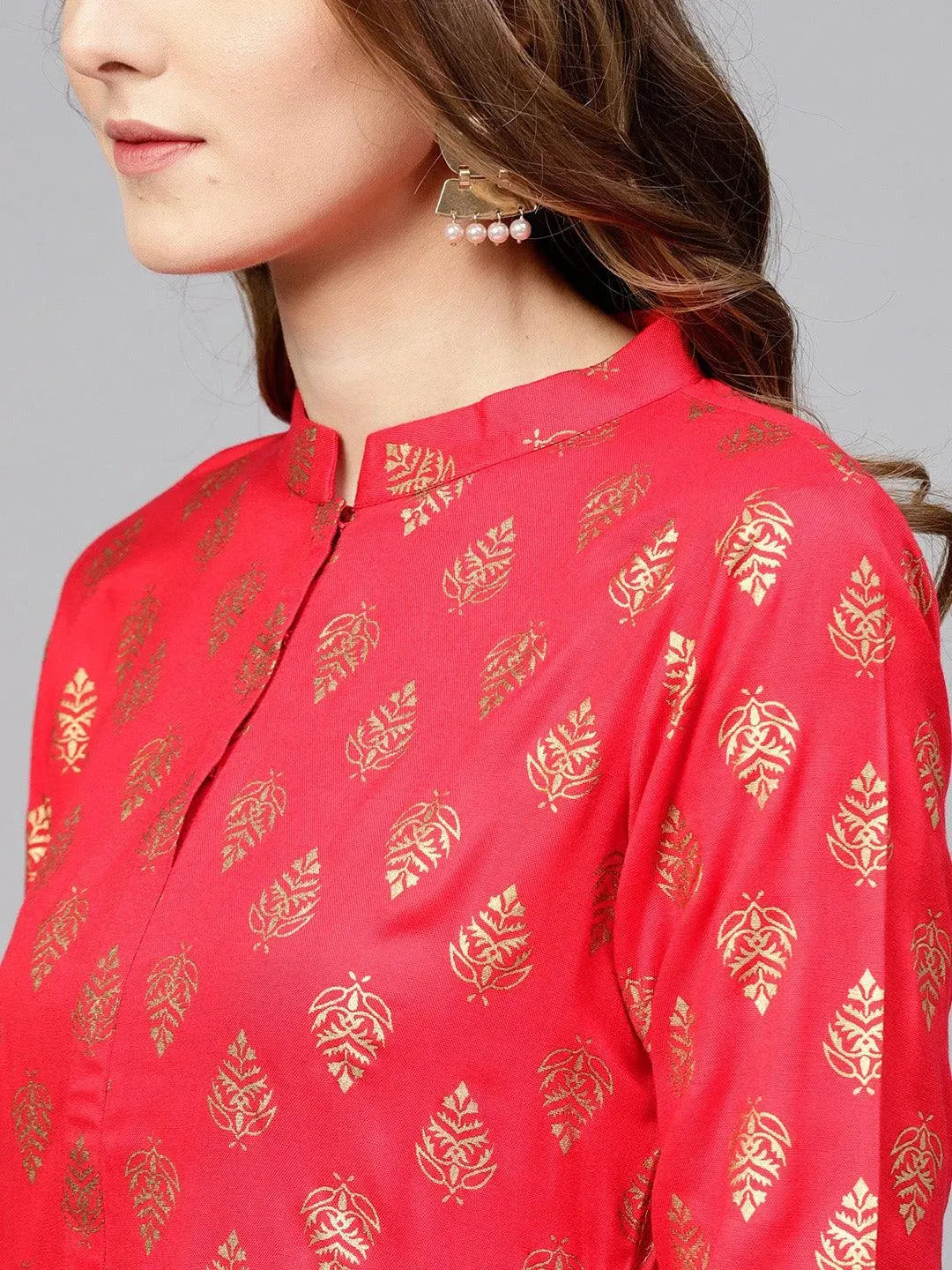 Red Printed Rayon Dress - Libas