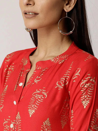 Red Printed Rayon Dress - Libas