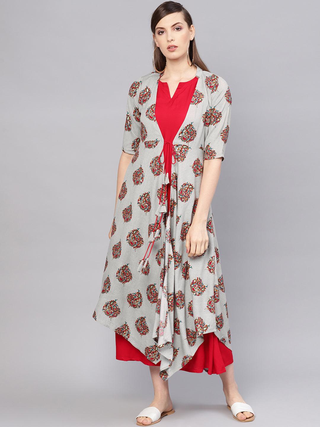 Red Printed Rayon Dress With Jacket