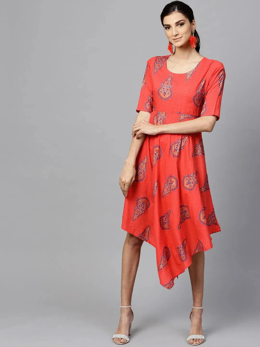 Red Printed Rayon Dress With Jacket - Libas