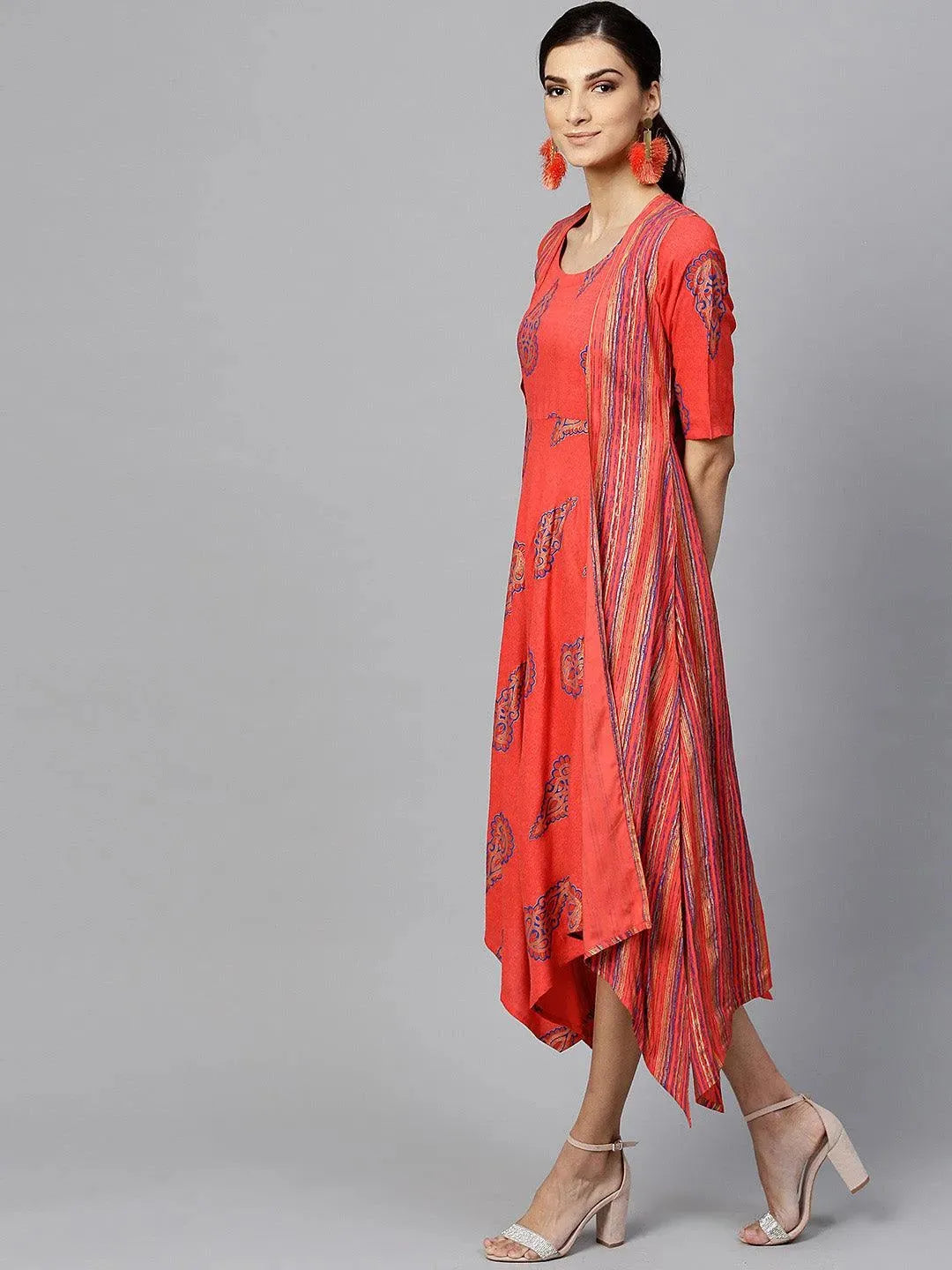 Red Printed Rayon Dress With Jacket - Libas