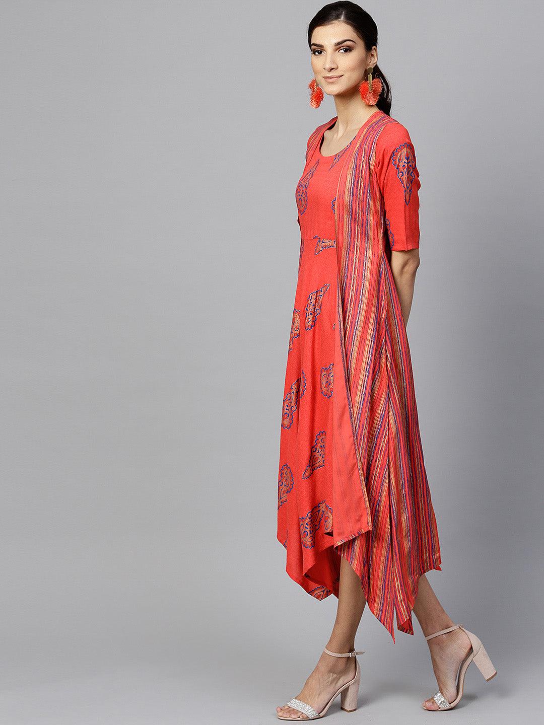 Red Printed Rayon Dress With Jacket - Libas