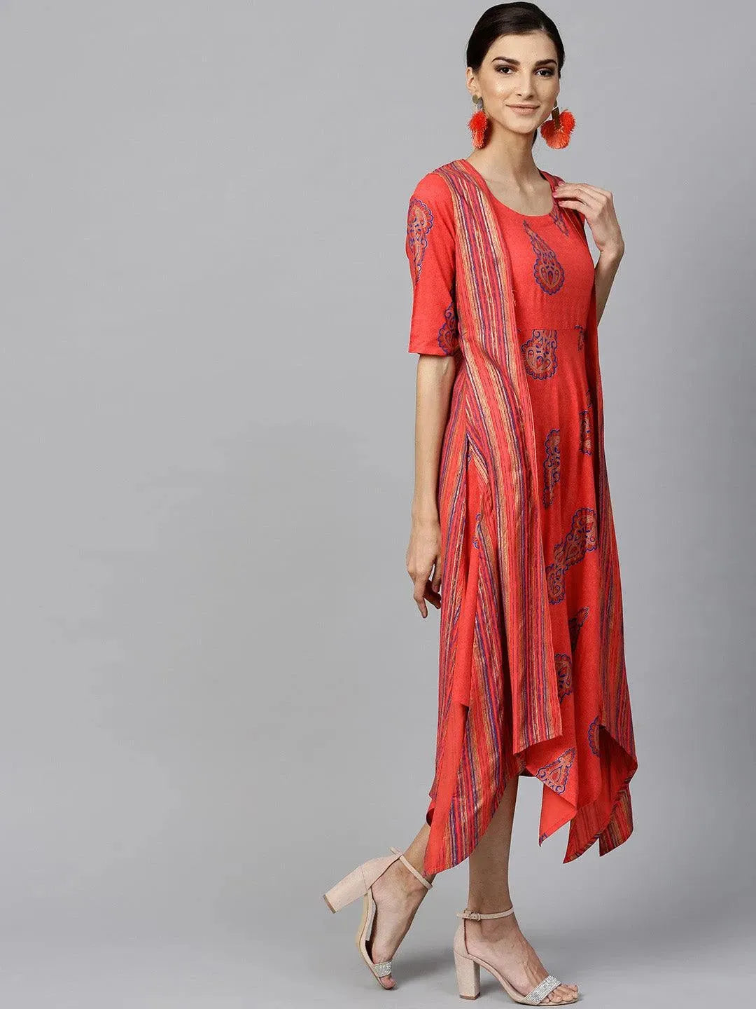 Red Printed Rayon Dress With Jacket - Libas