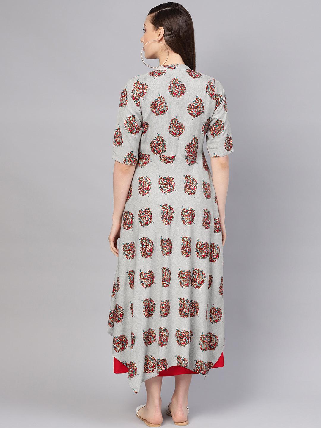 Red Printed Rayon Dress With Jacket - Libas