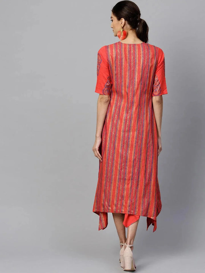 Red Printed Rayon Dress With Jacket - Libas