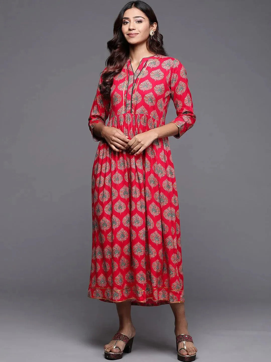Red Printed Rayon Fit and Flare Dress - Libas 