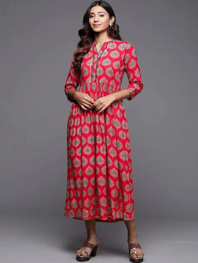 Red Printed Rayon Fit and Flare Dress - Libas