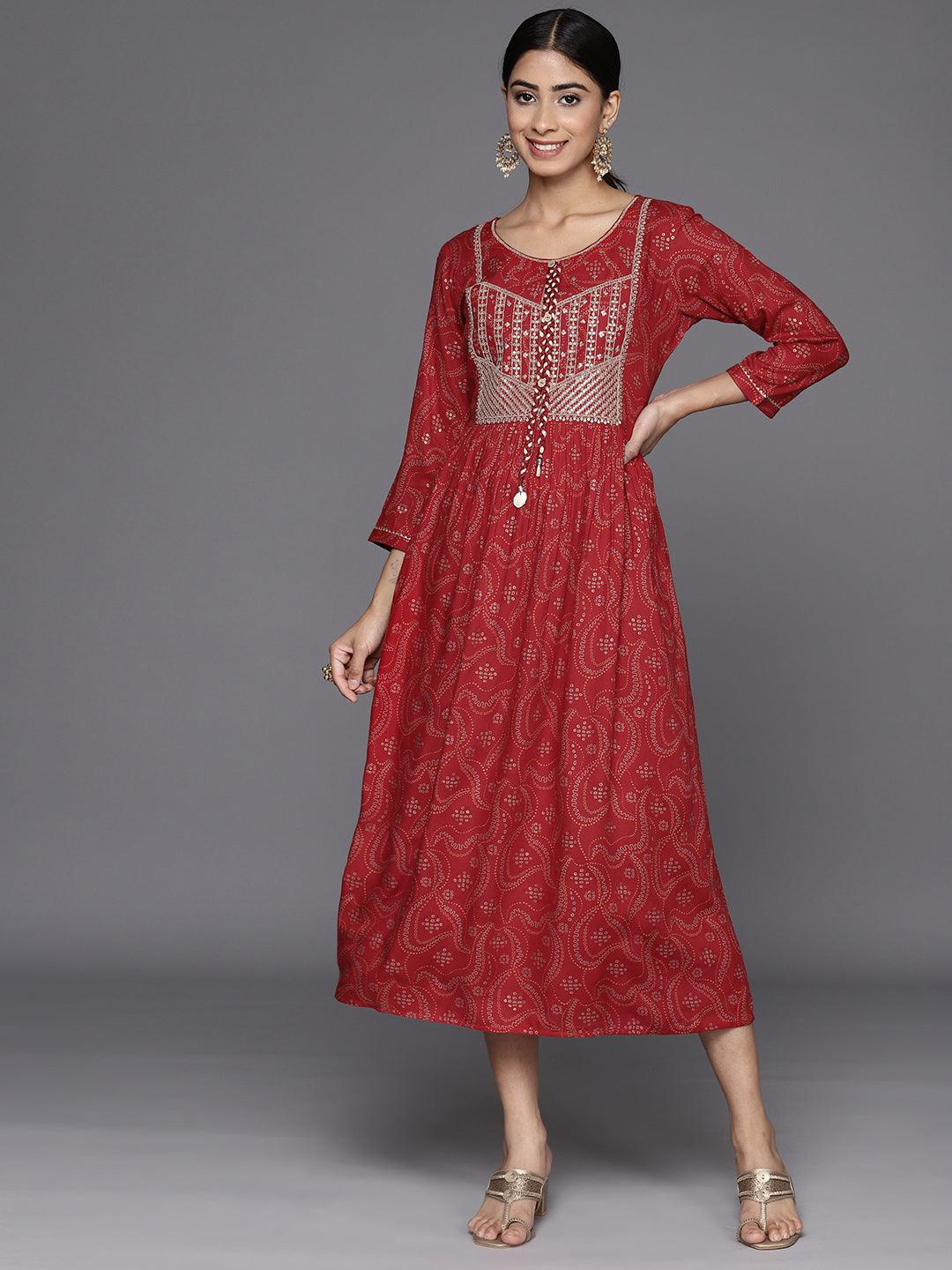 Red Embellished Rayon Fit and Flare Dress - Libas