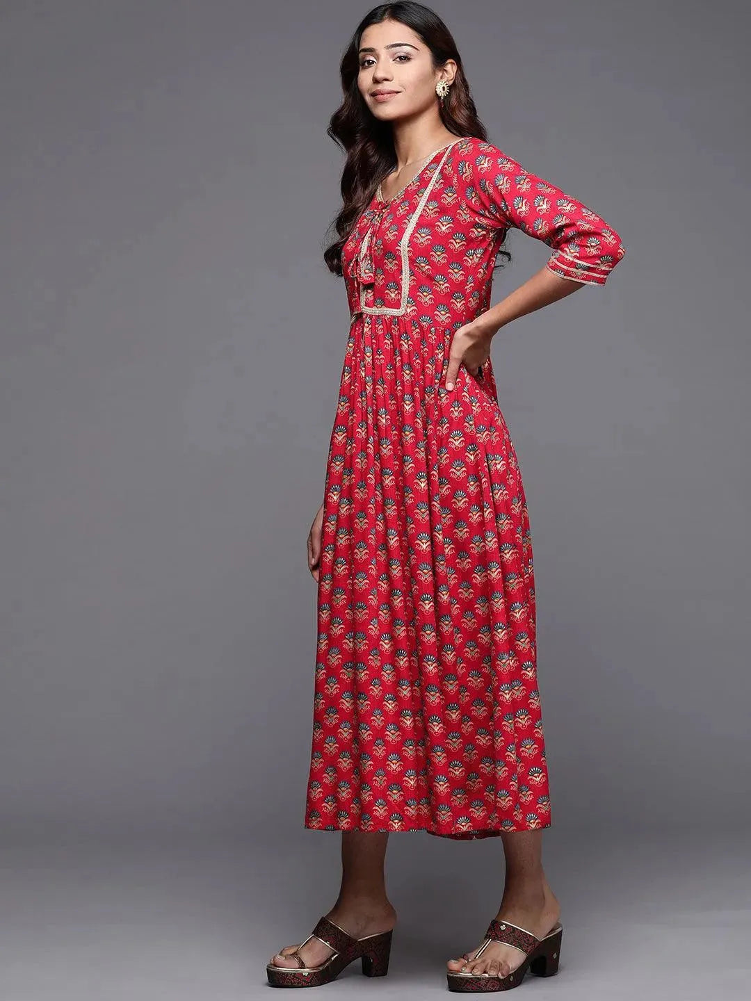 Red Printed Rayon Fit and Flare Dress - Libas