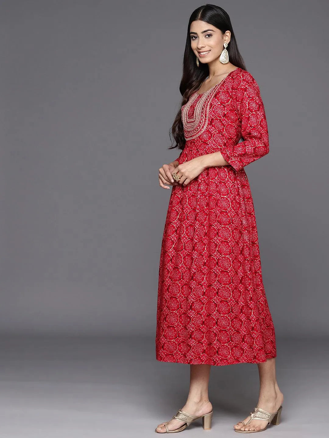 Red Printed Rayon Fit and Flare Dress - Libas