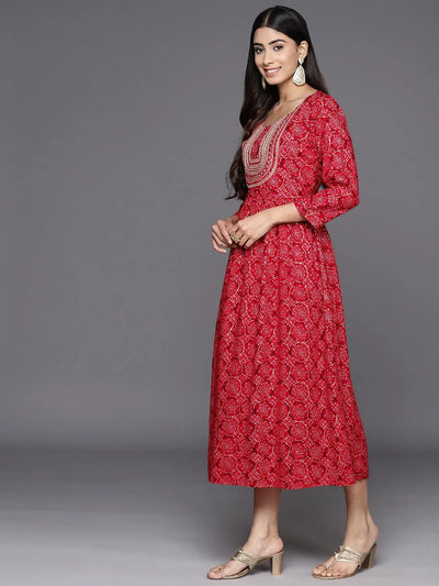 Red Printed Rayon Fit and Flare Dress - Libas
