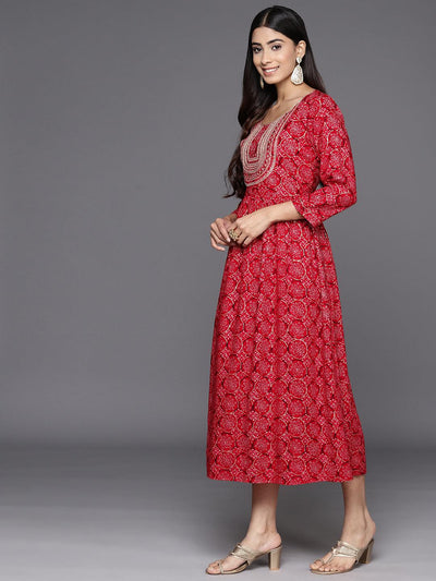 Red Printed Rayon Fit and Flare Dress - Libas