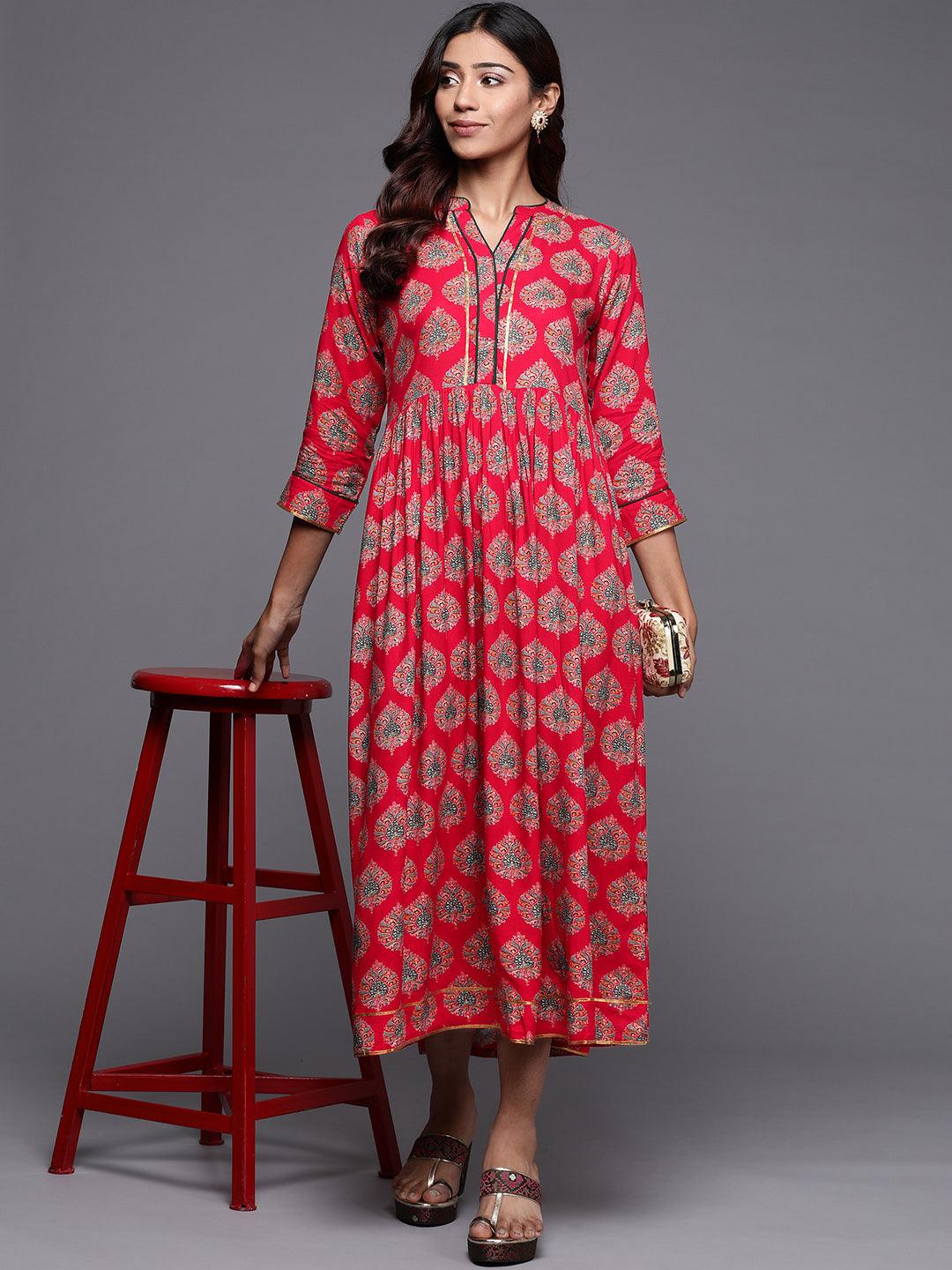 Red Printed Rayon Fit and Flare Dress