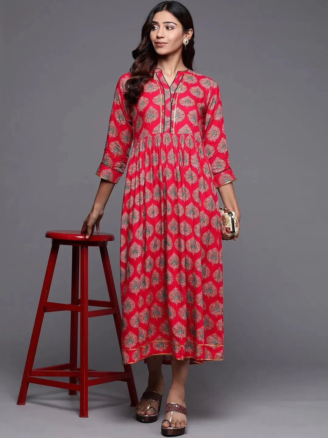 Red Printed Rayon Fit and Flare Dress - Libas