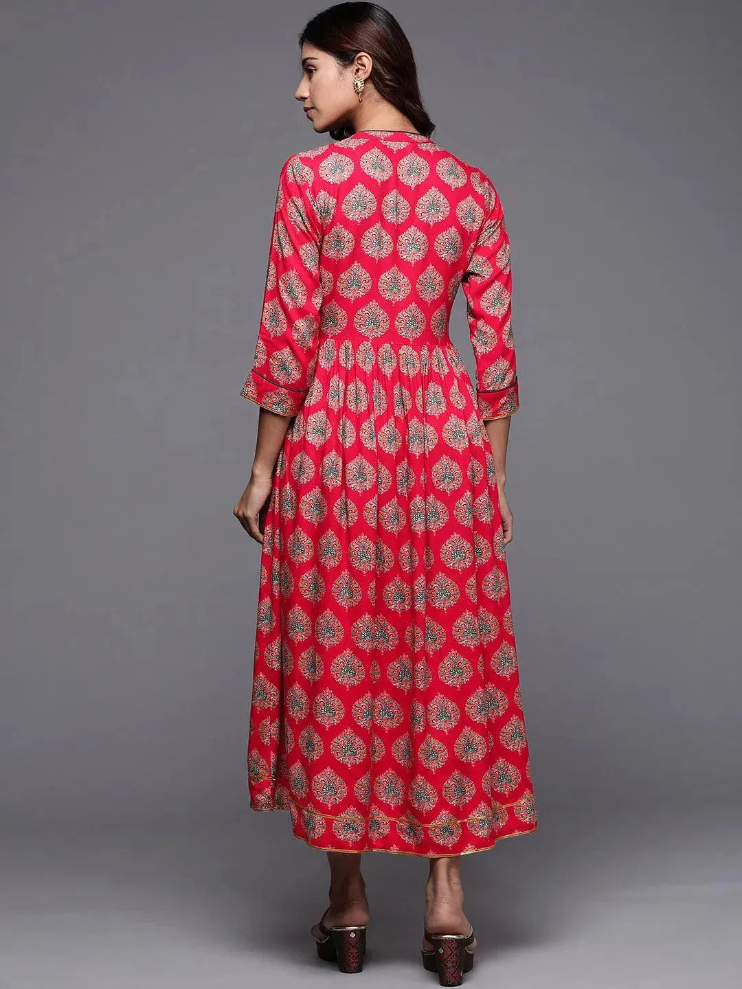 Red Printed Rayon Fit and Flare Dress - Libas 