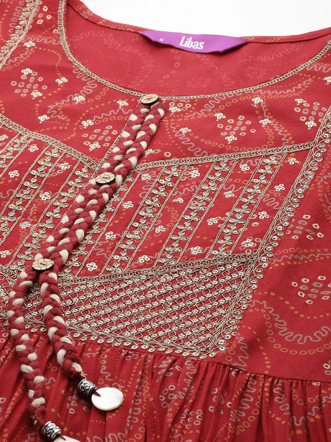 Red Embellished Rayon Fit and Flare Dress - Libas 