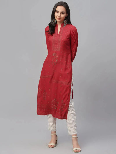 Red Printed Rayon Kurta - Libas