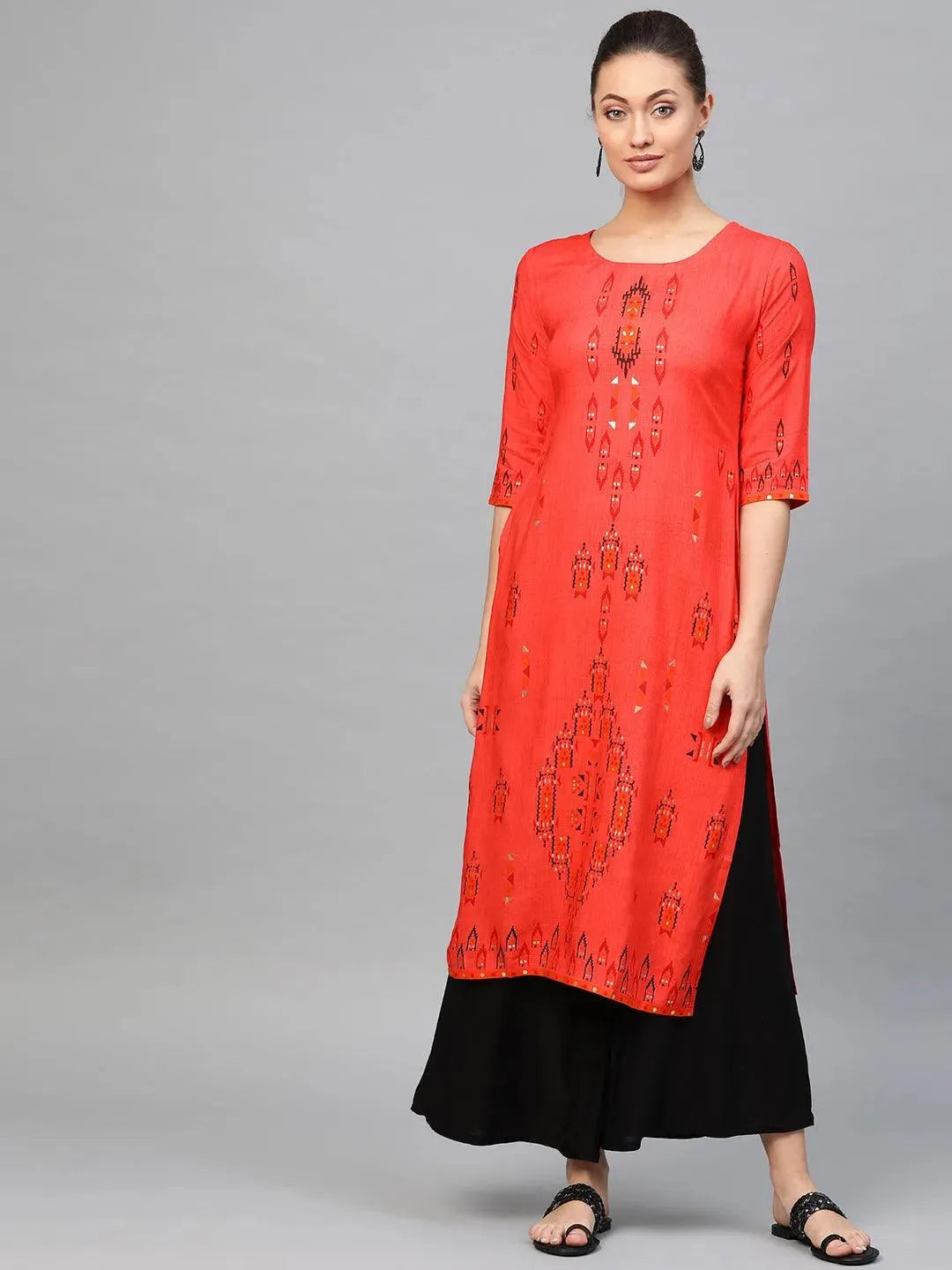 Red Printed Rayon Kurta - Libas