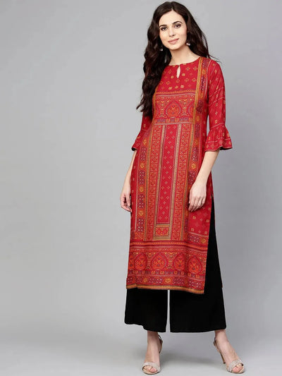 Red Printed Rayon Kurta - Libas