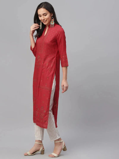 Red Printed Rayon Kurta - Libas