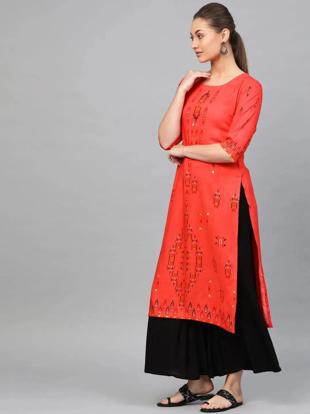 Red Printed Rayon Kurta - Libas