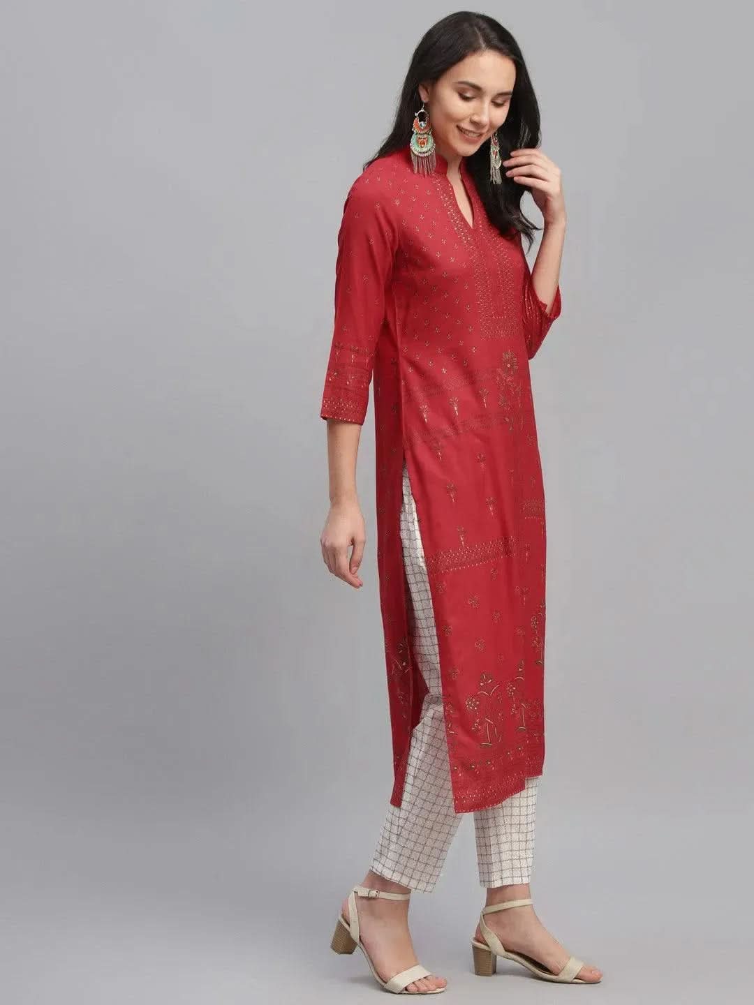 Red Printed Rayon Kurta - Libas 