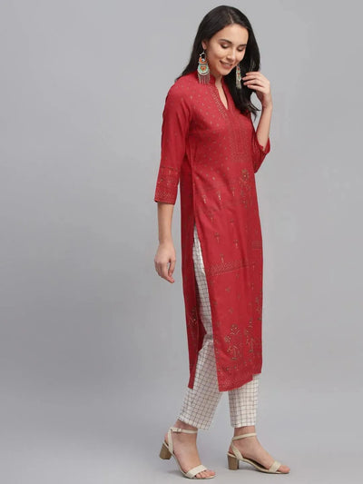 Red Printed Rayon Kurta - Libas