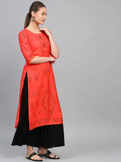 Red Printed Rayon Kurta - Libas