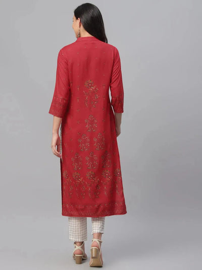 Red Printed Rayon Kurta - Libas