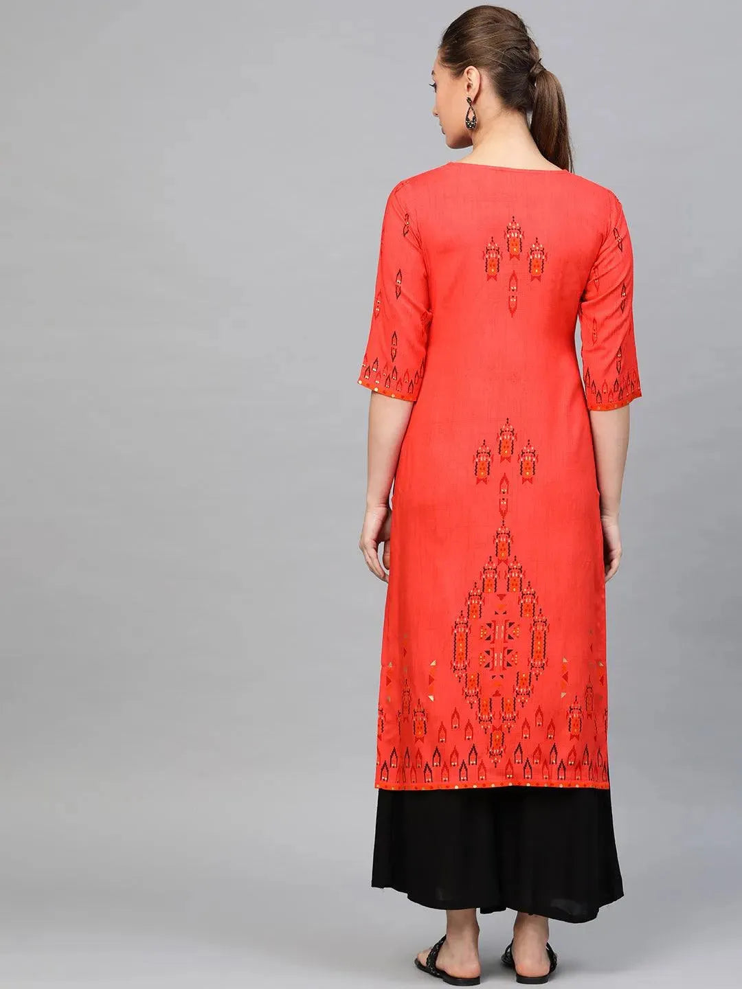 Red Printed Rayon Kurta - Libas