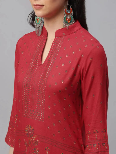 Red Printed Rayon Kurta - Libas