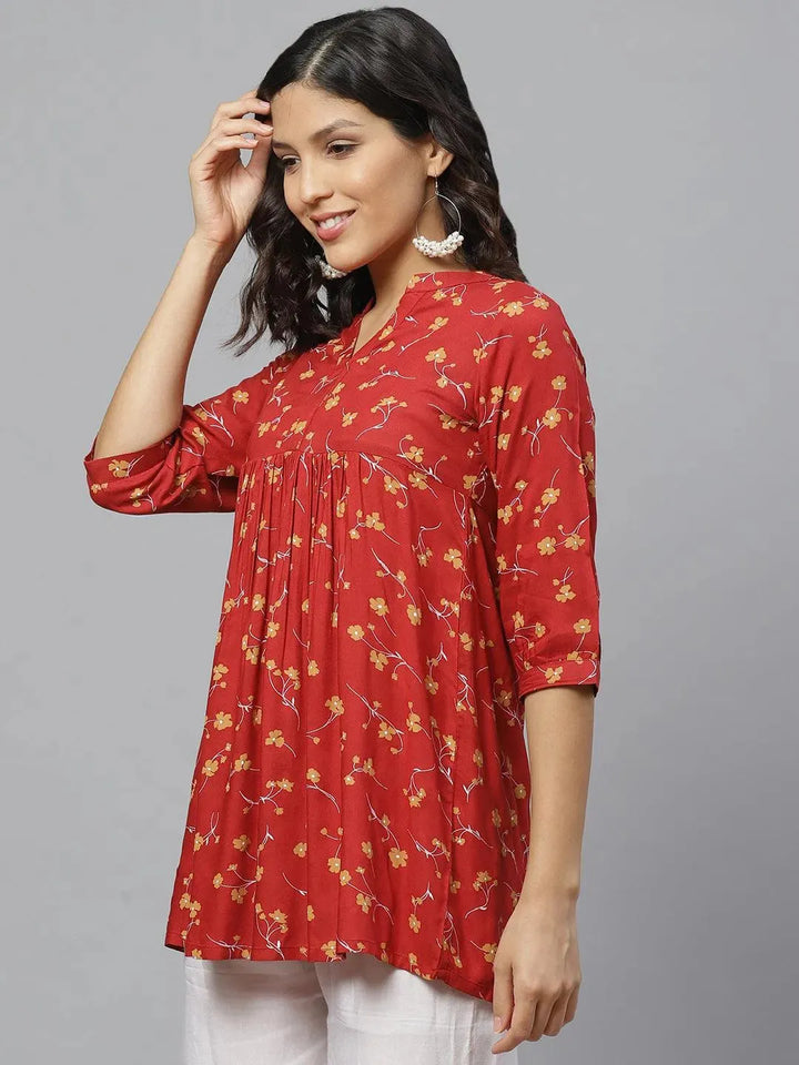 Red Printed Rayon Kurti - Libas