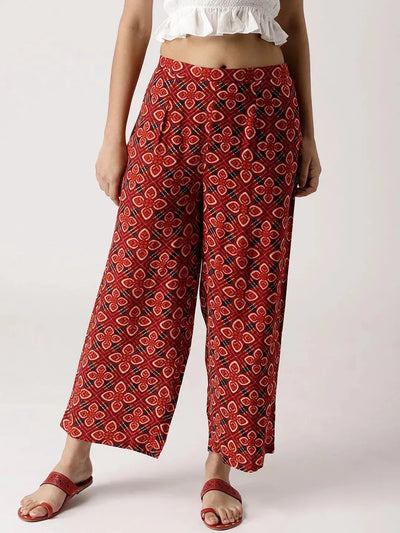 Red Printed Rayon Palazzos - Libas