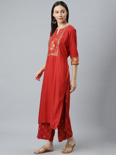 Red Printed Rayon Suit Set - Libas