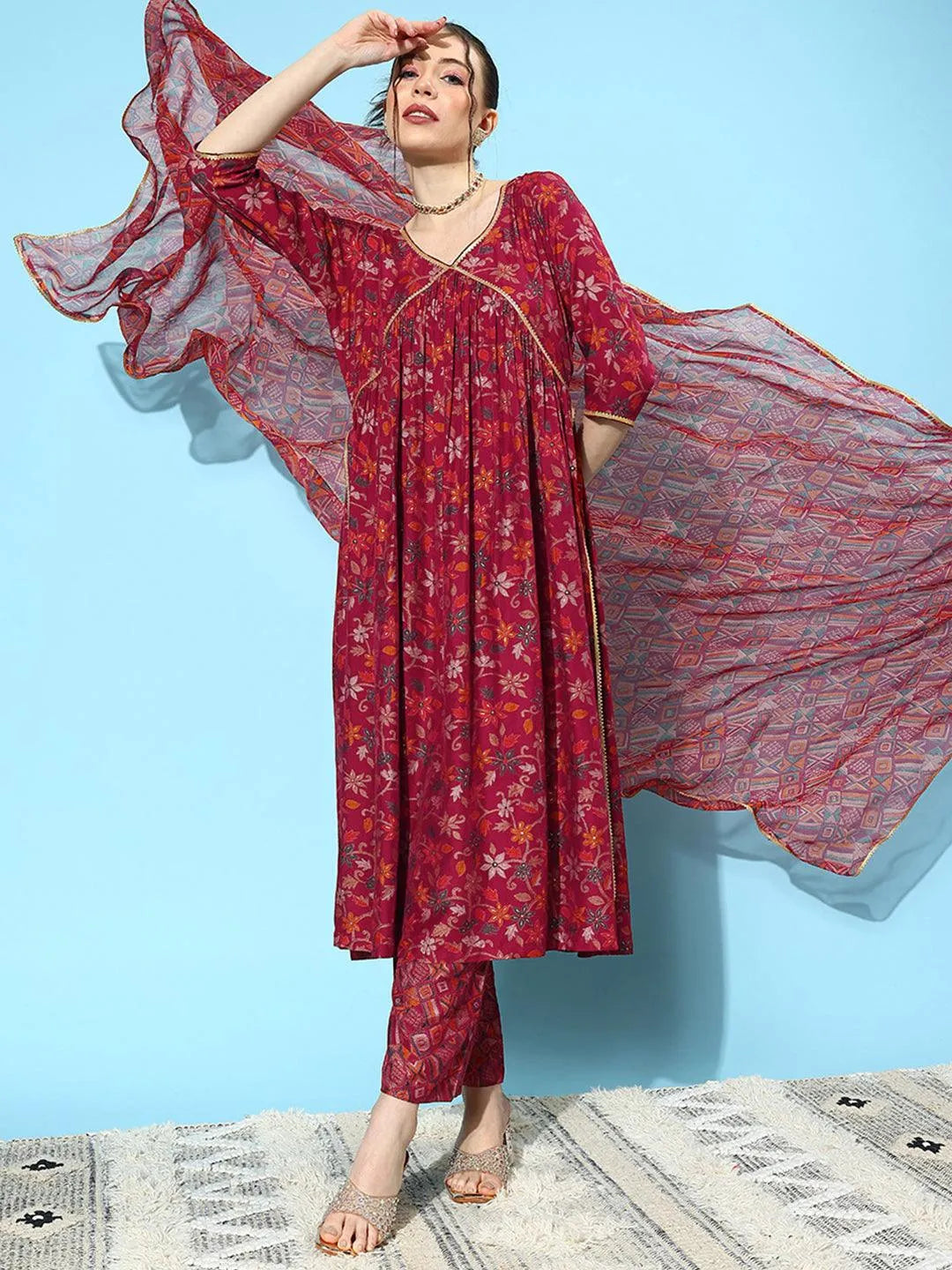 Red Printed Silk Blend A-Line Kurta With Trousers & Dupatta - Libas