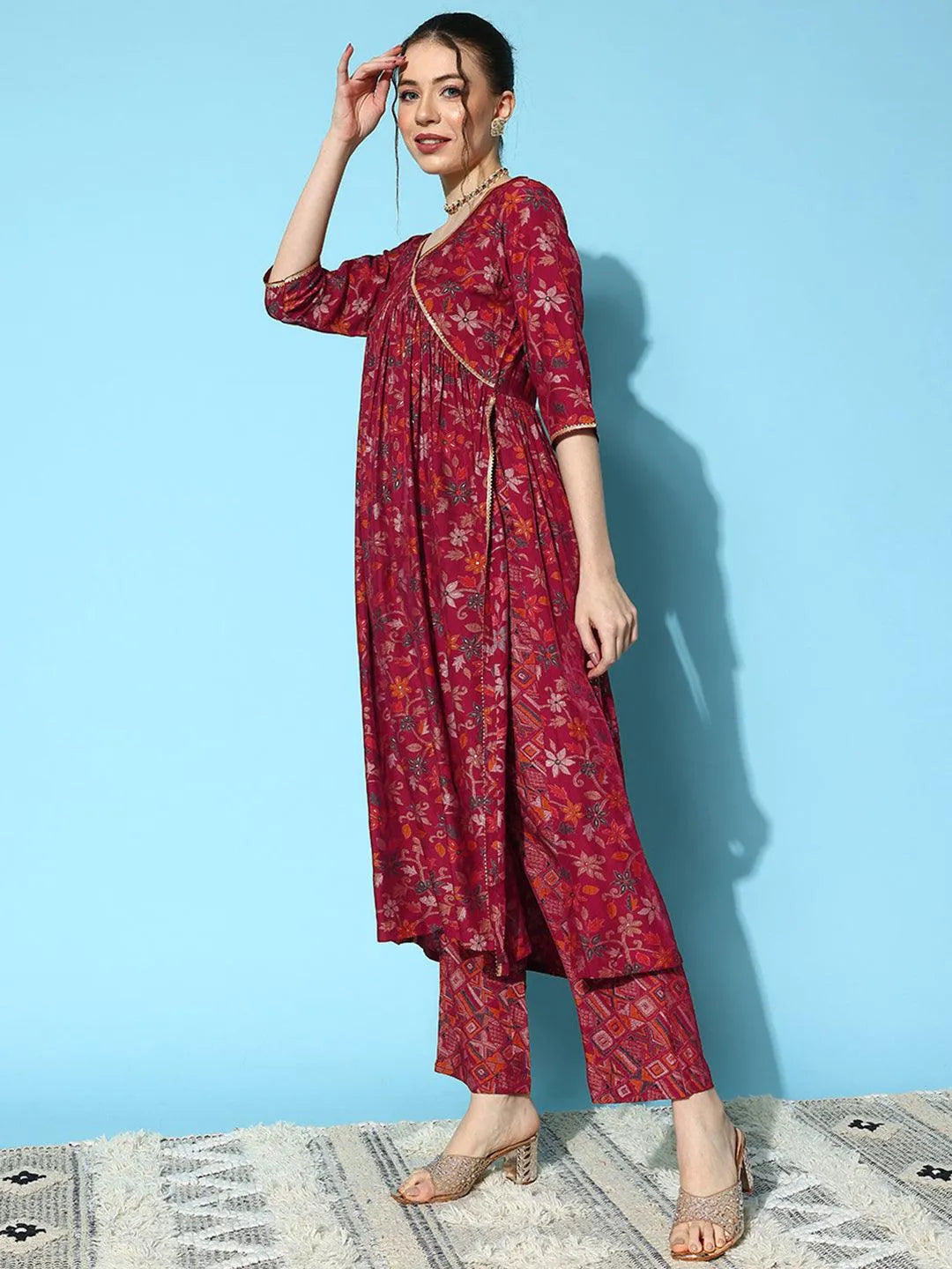 Red Printed Silk Blend A-Line Kurta With Trousers & Dupatta - Libas 