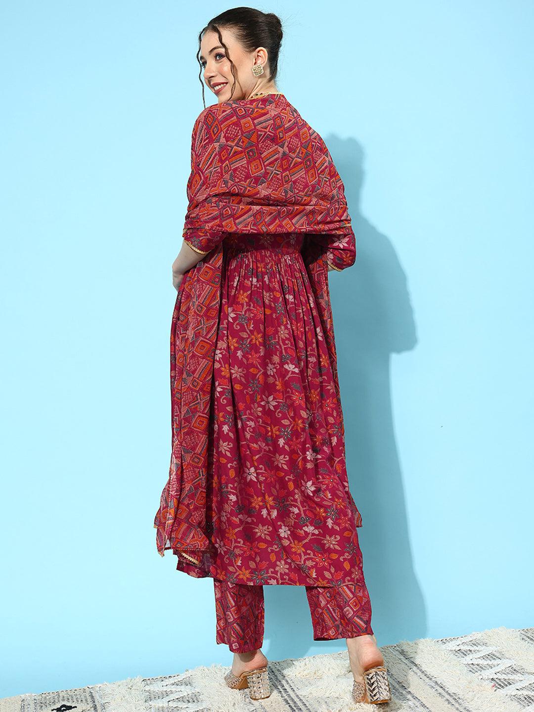 Red Printed Silk Blend A-Line Kurta With Trousers & Dupatta