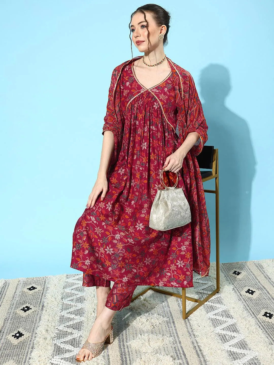 Red Printed Silk Blend A-Line Kurta With Trousers & Dupatta - Libas 