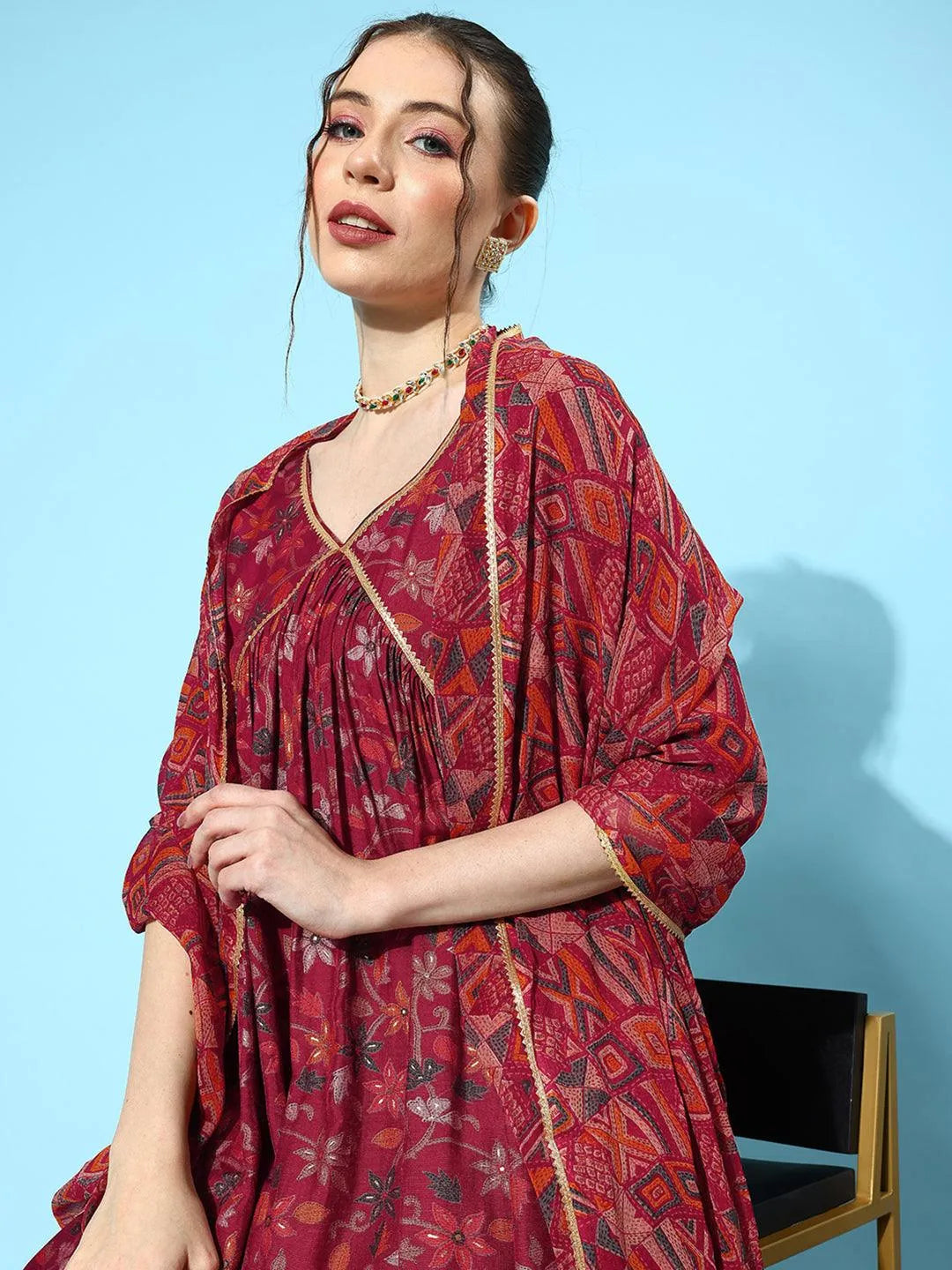 Red Printed Silk Blend A-Line Kurta With Trousers & Dupatta - Libas 