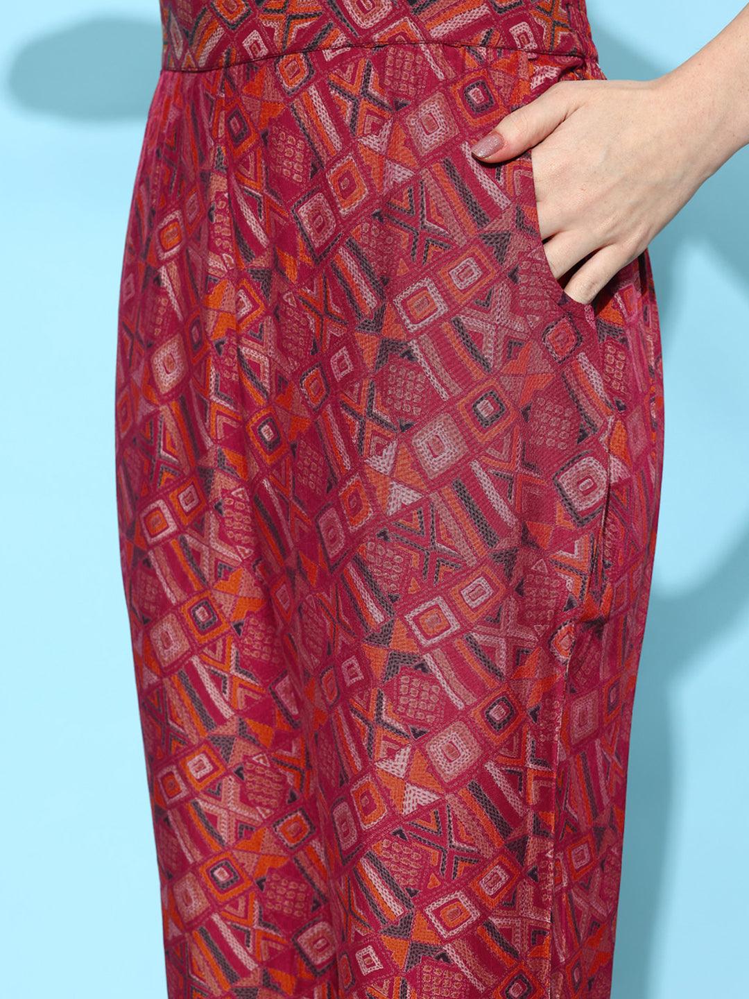 Red Printed Silk Blend A-Line Kurta With Trousers & Dupatta